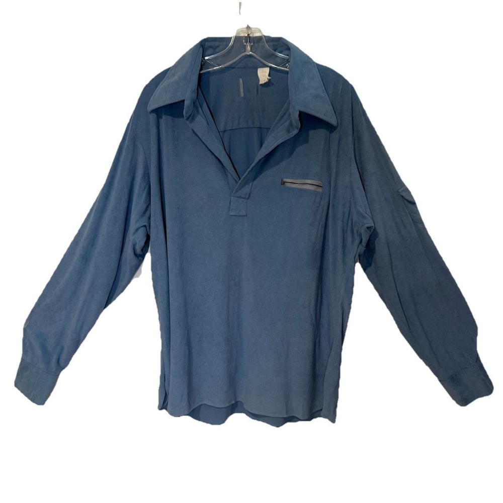 Vintage 70s 80s Men's Blue Long Sleeve Collared Pullover Polo Shirt w/ Pocket XL